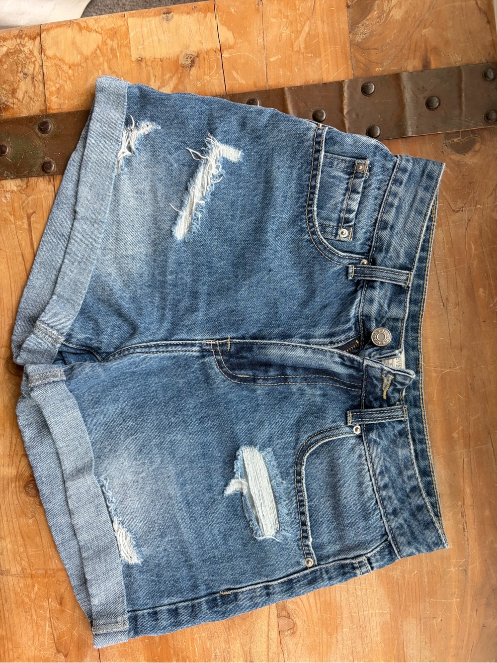 High-Rise Distressed Rolled Hem Denim Shorts - Blue 100% Cotton